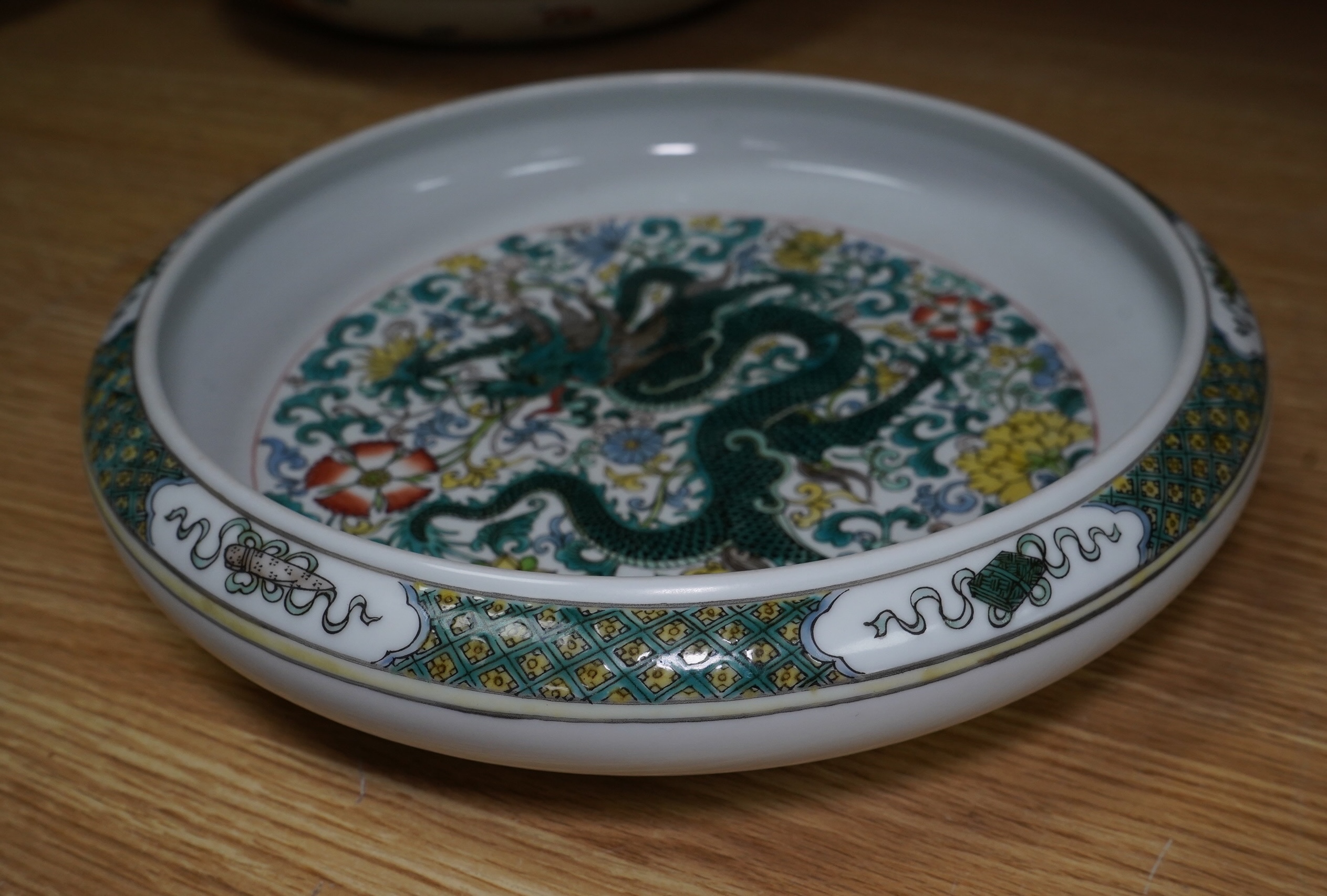 A Chinese famille verte dragon bowl, 29cm in diameter. Condition - good